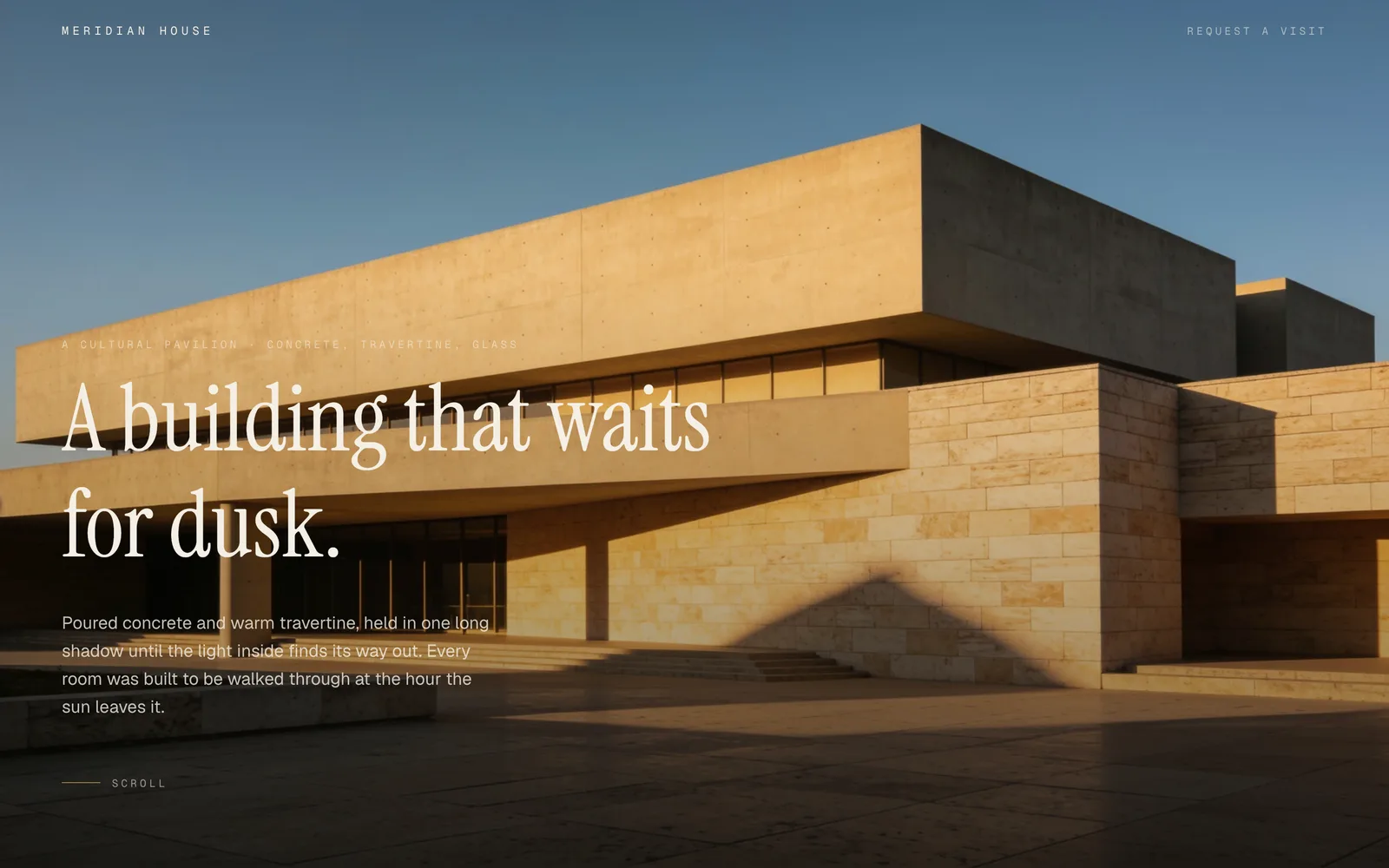 Architecture, A modernist studio's flagship pavilion, told through one continuous dusk.