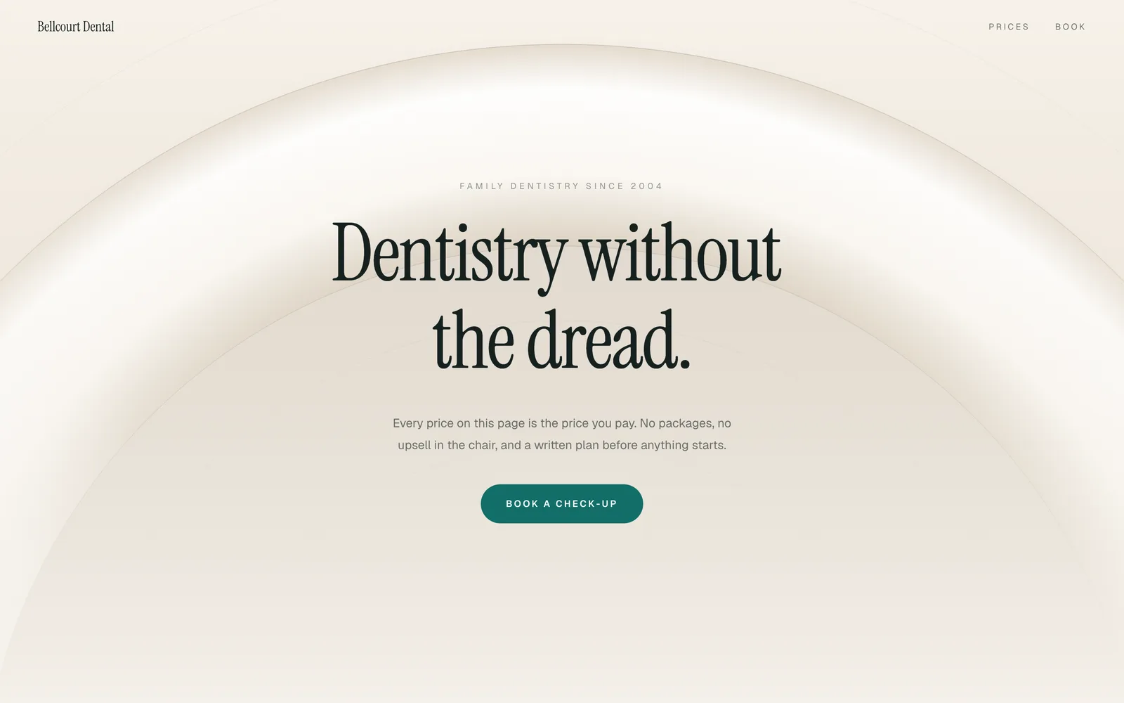 Bellcourt, A dental practice in bone white. Prices with a from, a first visit explained, and a hero made of light.