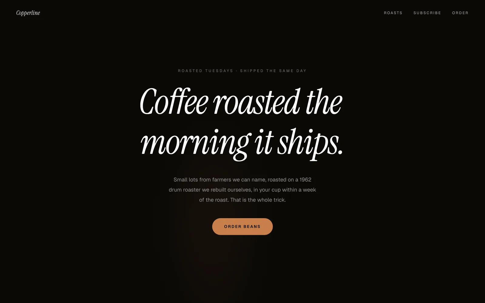 Copperline, A roastery sold by the bag: origins as a carte, subscriptions as tiers, one order button.