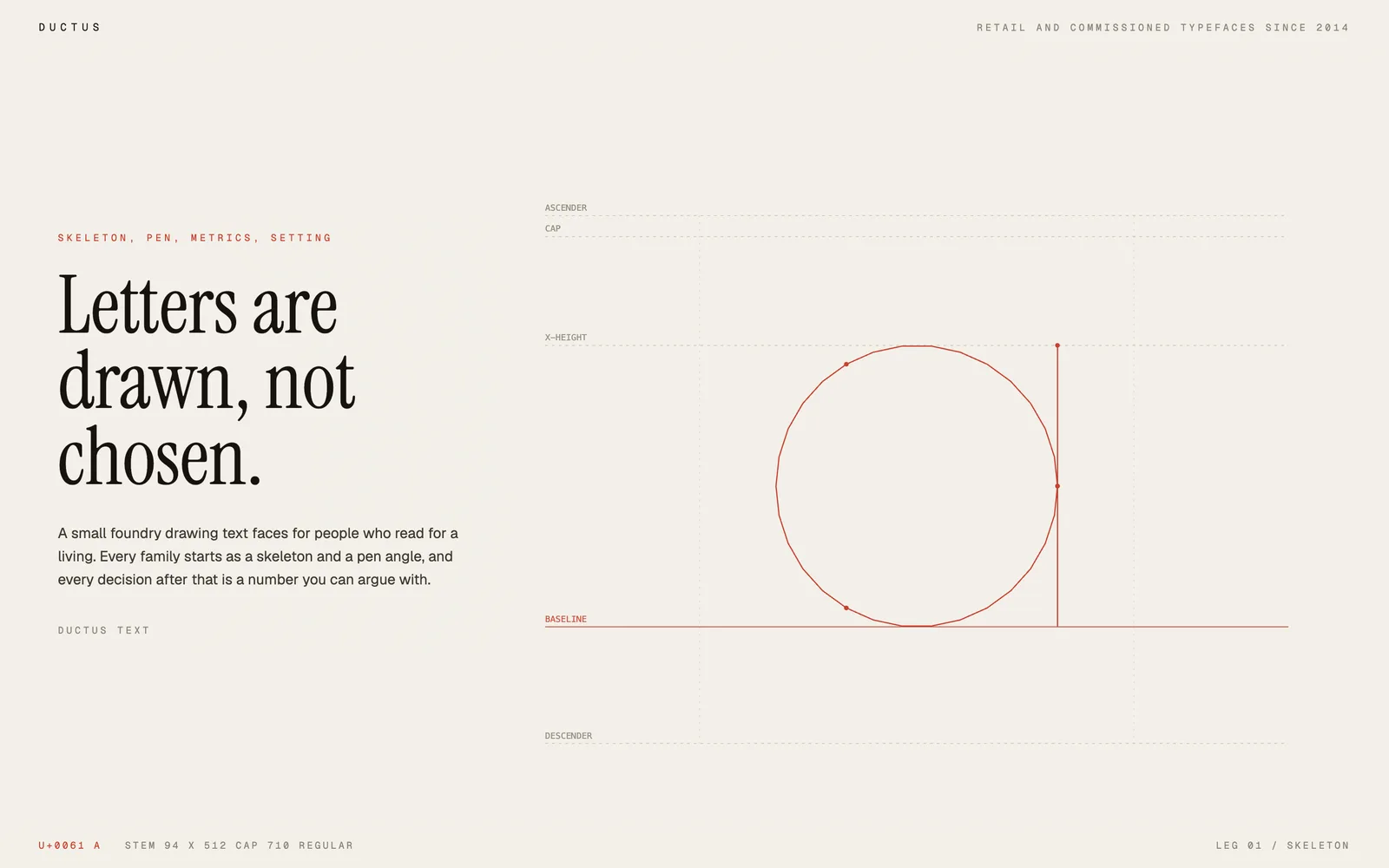 Ductus, A type foundry that draws its own letters from the metrics, live, with no font file involved.
