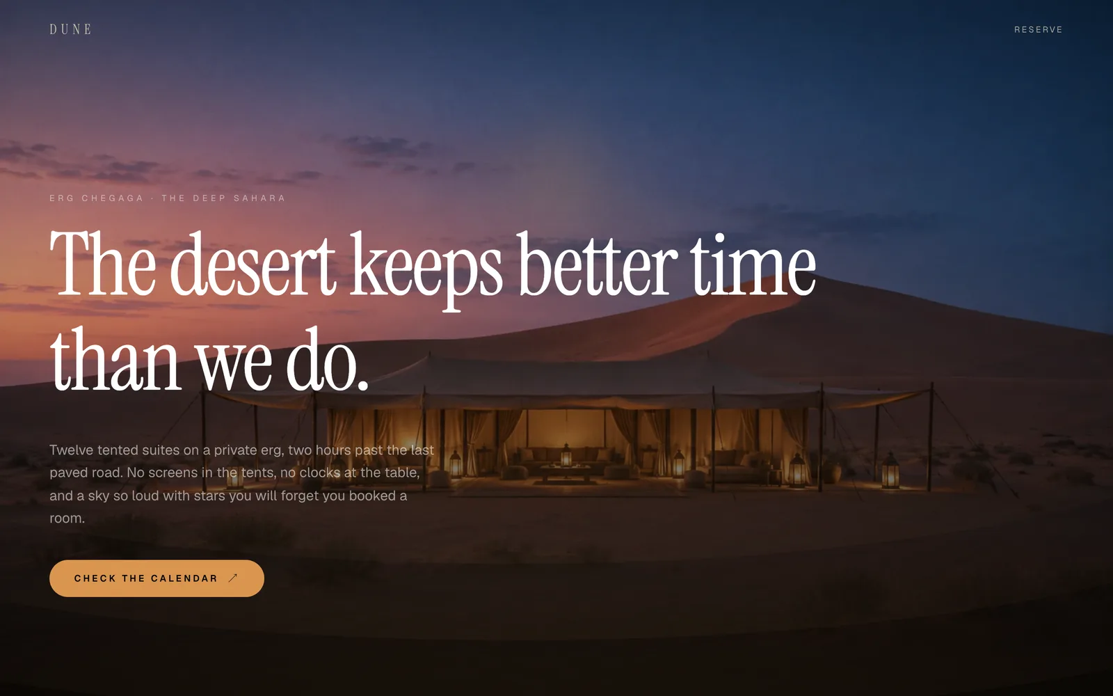 Dune, A desert resort where the horizon is the only neighbour. Warm, vast, unhurried.