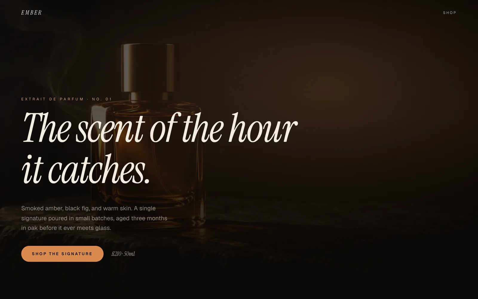 Ember, A perfume house working in smoke, amber, and skin. One bottle, held in the light.