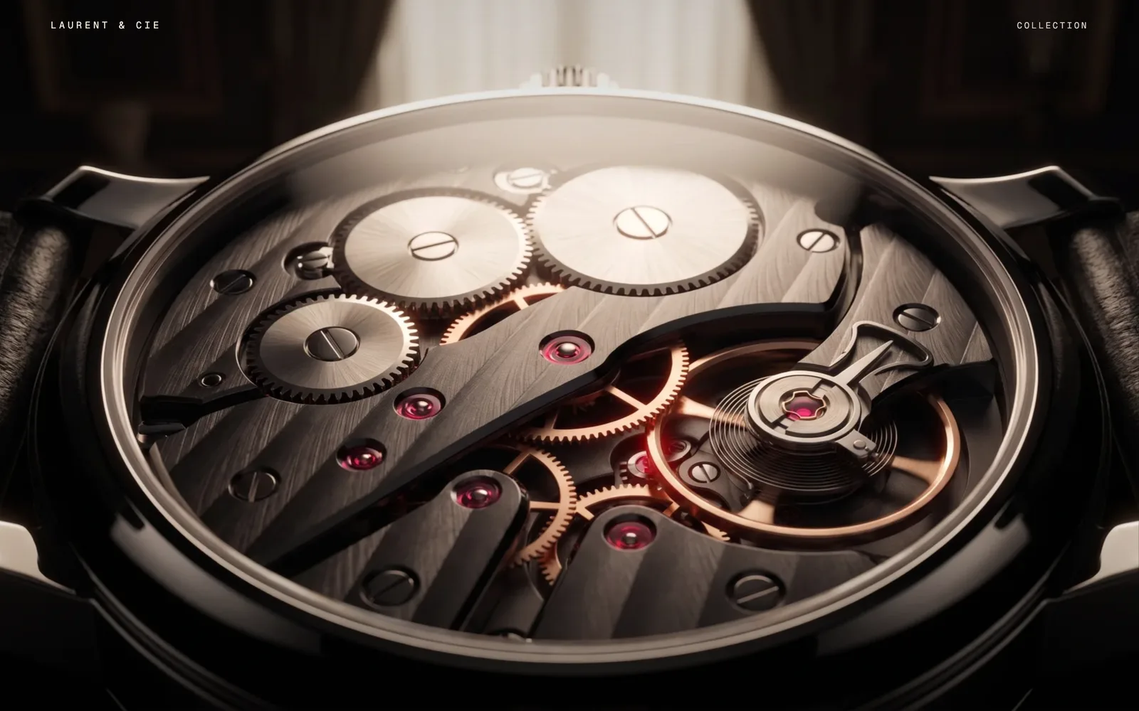 Escapement, Six frames of one movement, arrived at and descended into. Scroll is the only camera it answers to.