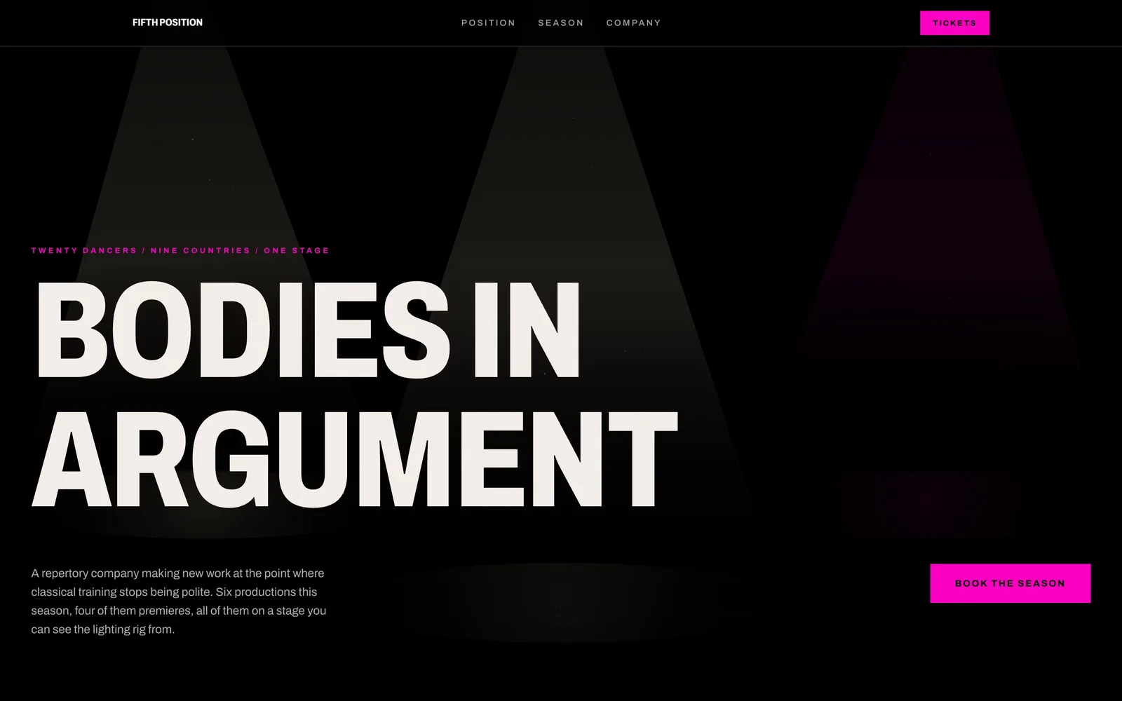 Fifth Position, A dance company as a season poster: condensed type at full volume, flat colour, and a lit stage.