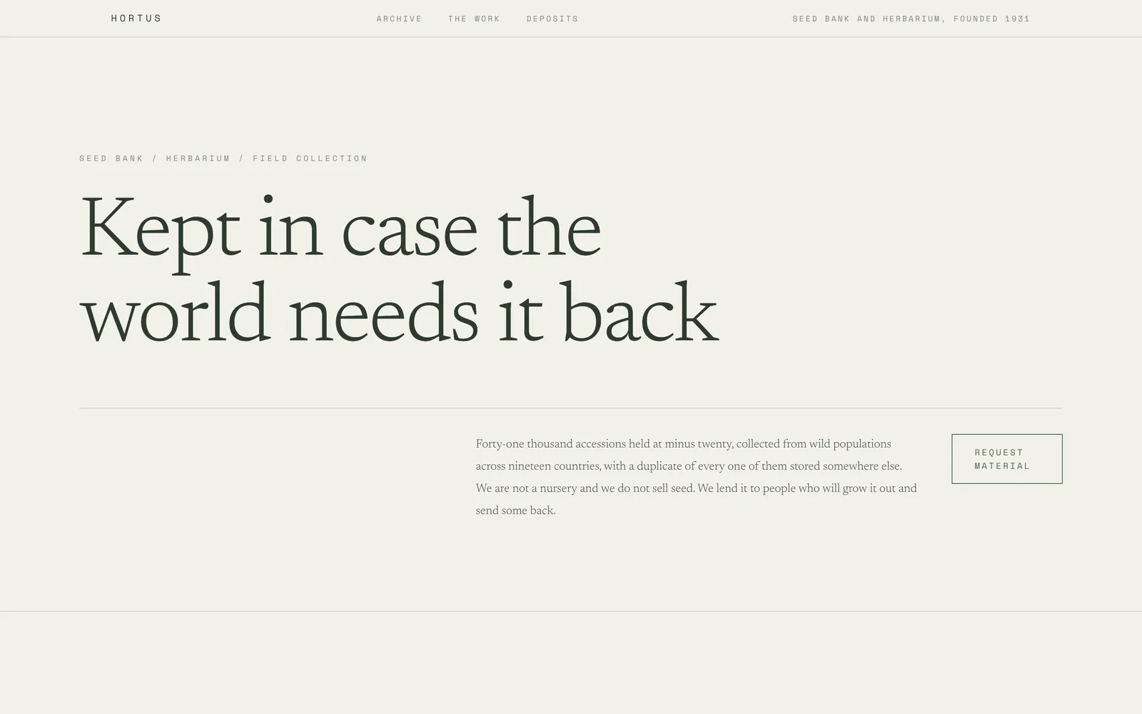 Hortus, A seed bank as a flora: rag paper, drawn specimens, italic binomials and an accession on everything.