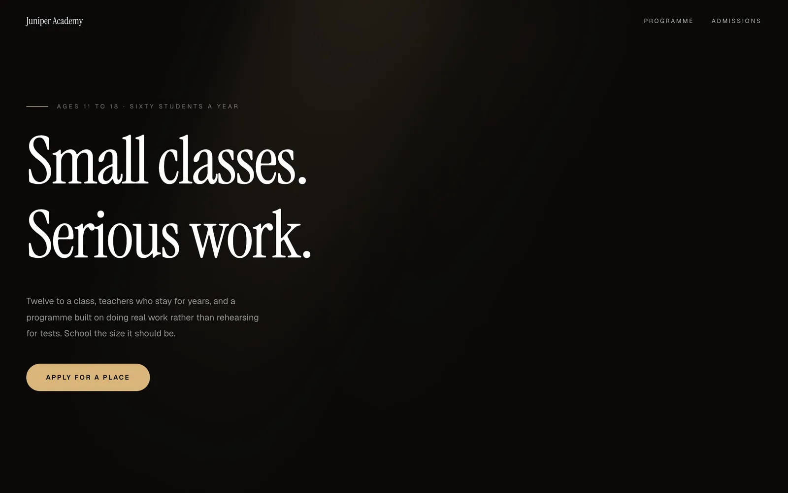 Juniper, A small school sold on its programme: terms as a board, faculty by name, admissions as the only ask.