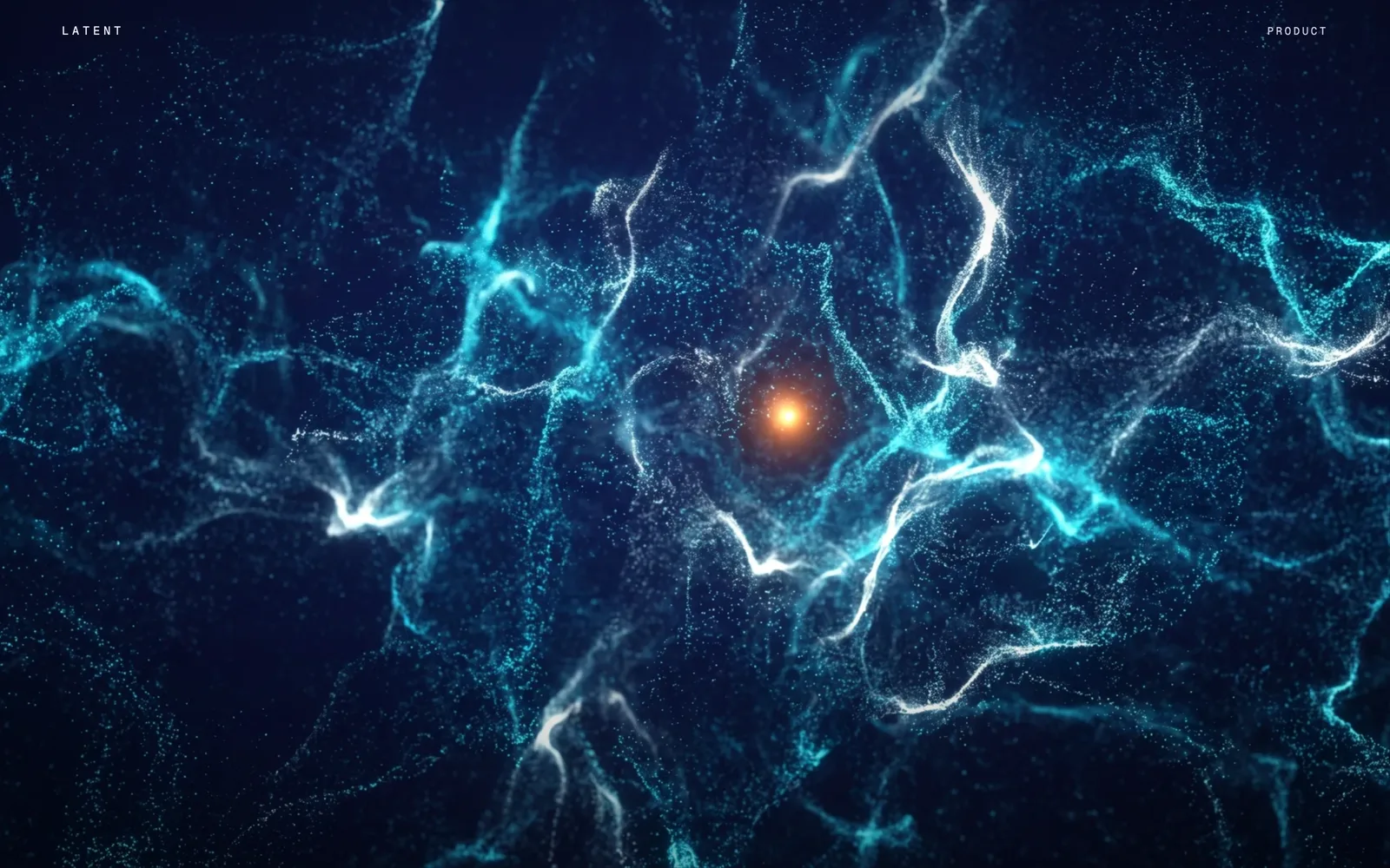 Latent, A journey through latent space: nebulae of meaning, one inference filament, and a wordmark made of half a million particles.