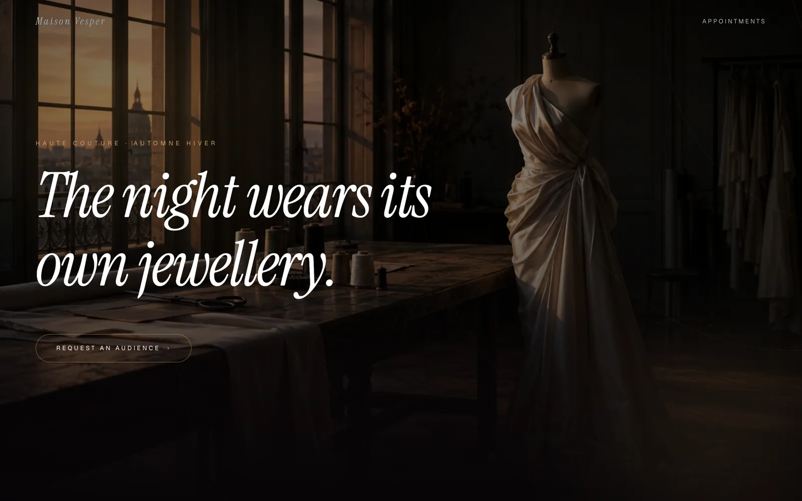 Maison, A couture house rendered in candlelight, gold, and unrepeatable seams.