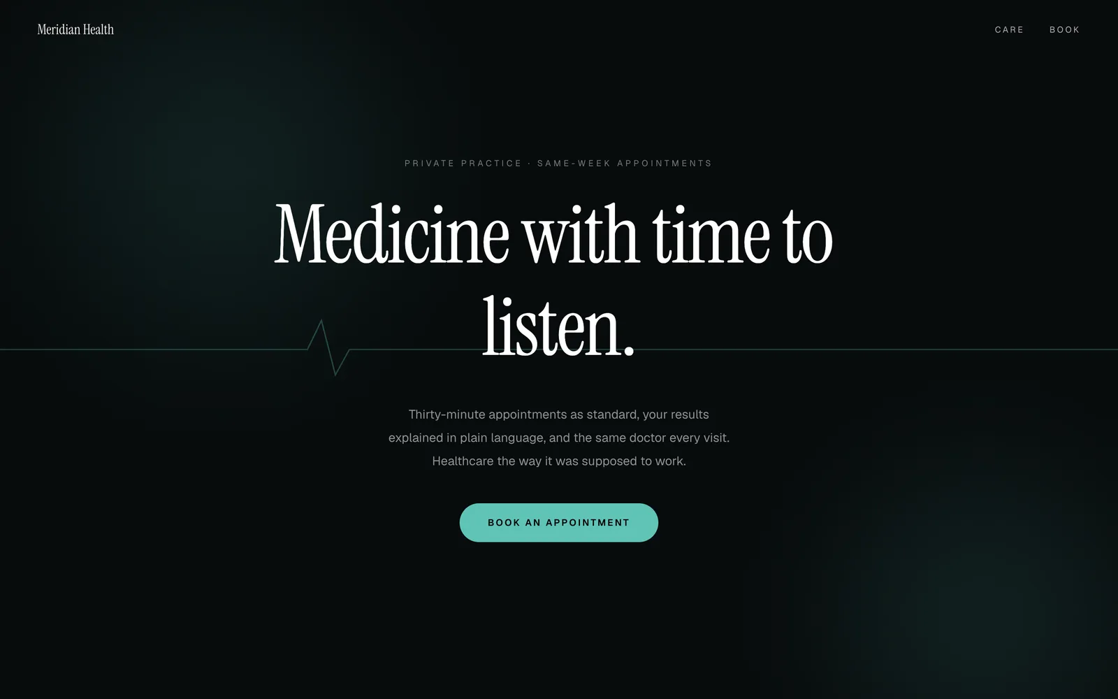 Meridian, A private clinic, calm and exact. Care as a priced menu, clinicians by name, booking as the only ask.