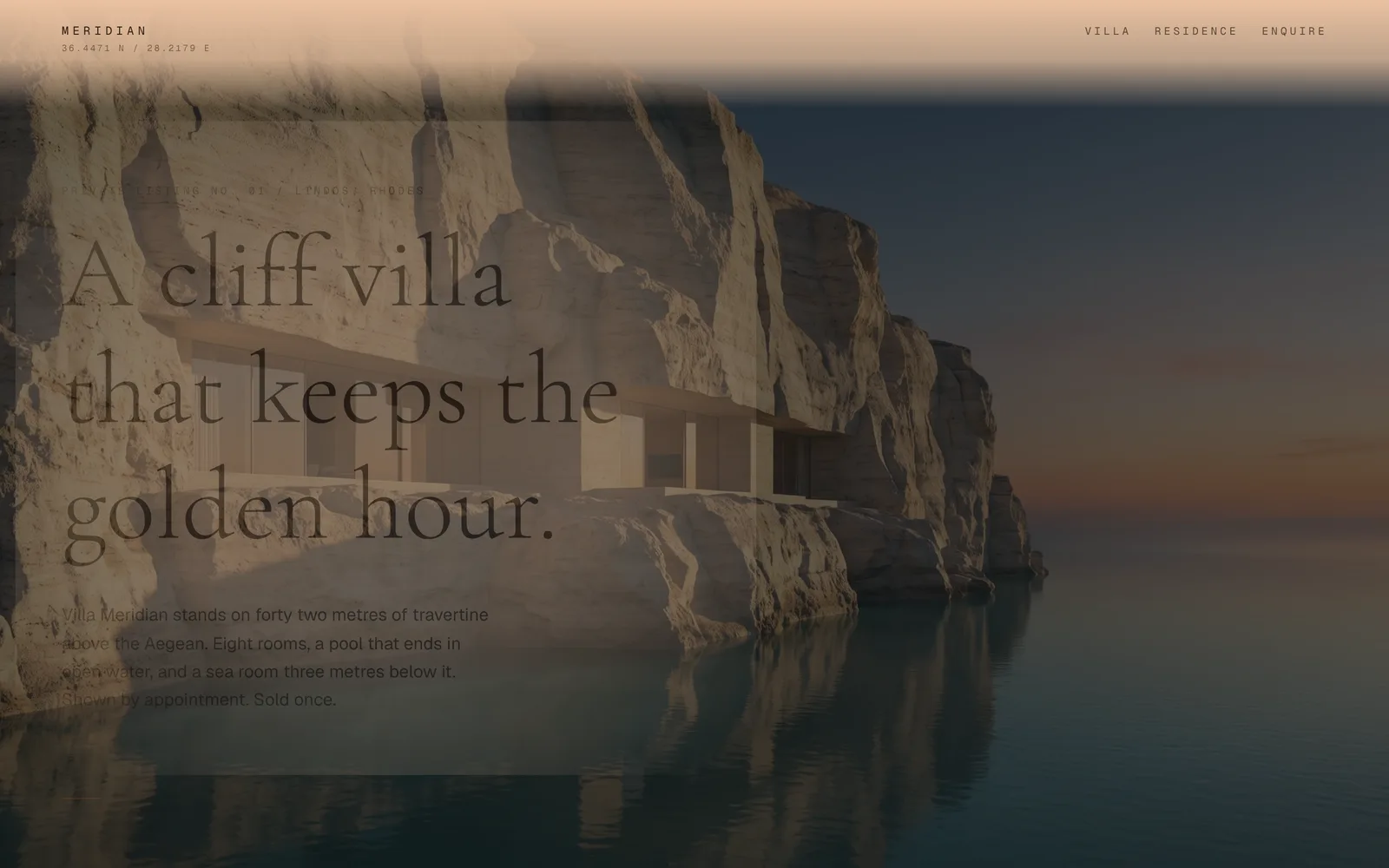 Meridian, One villa, one continuous shot: through the breezeway, into the pool, out at dusk.