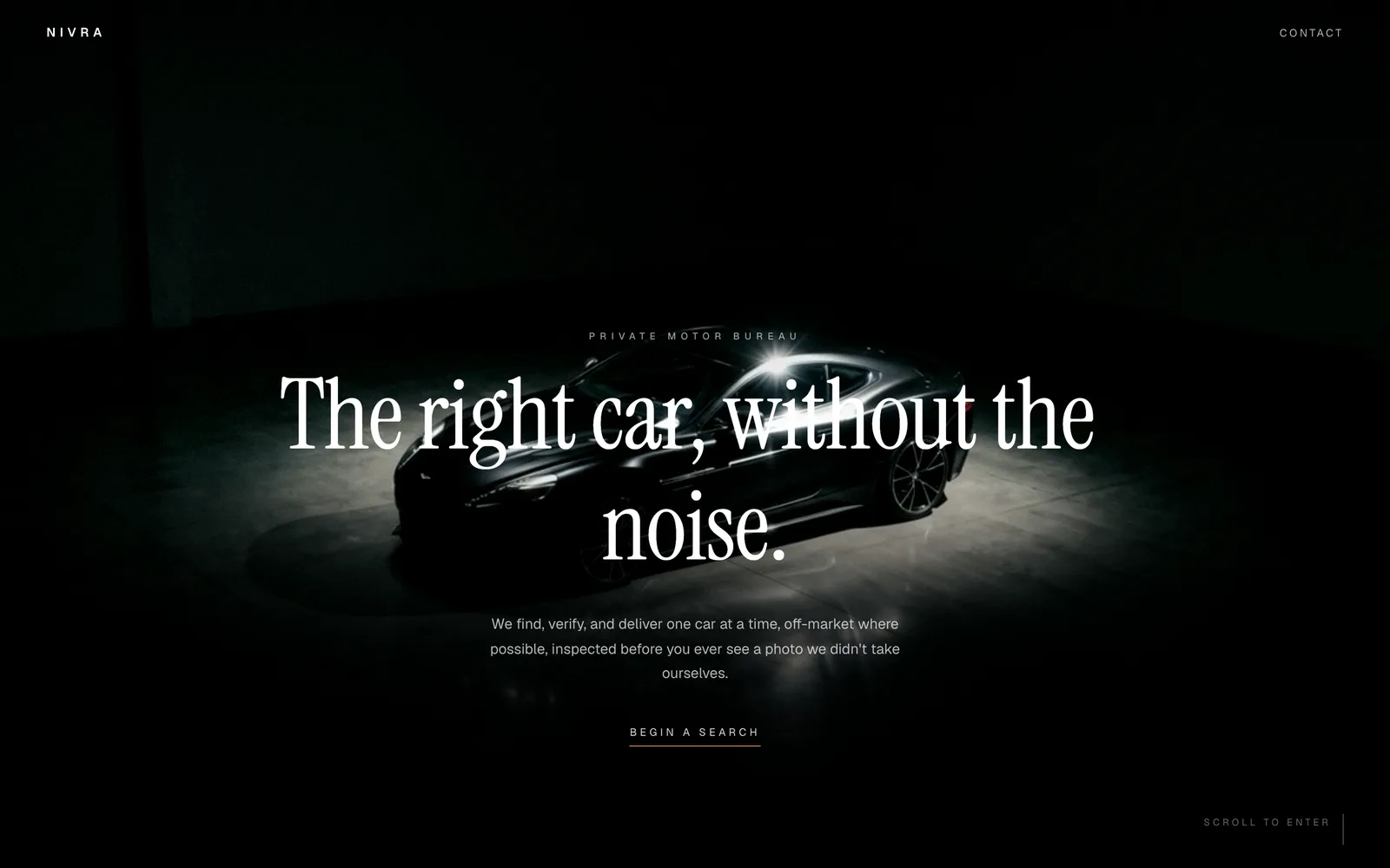Nivra, A private motor sourcing bureau: one car, verified, delivered without the noise.