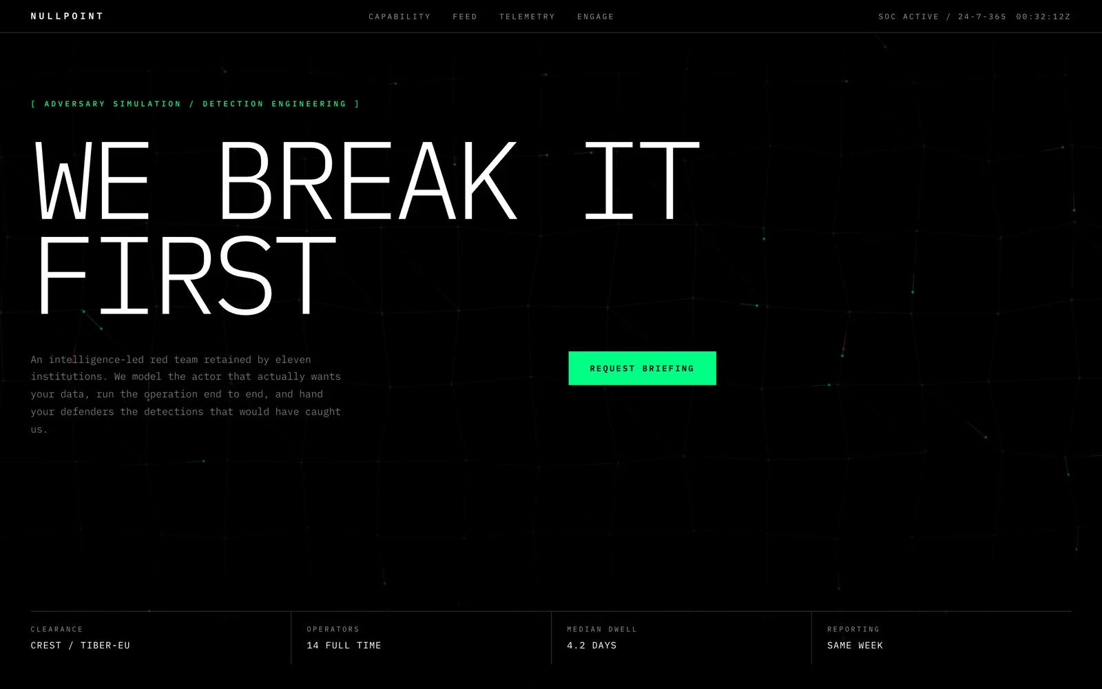Nullpoint, Threat intelligence as instrumentation: one mono typeface, hairline rules, and a lattice you can watch.
