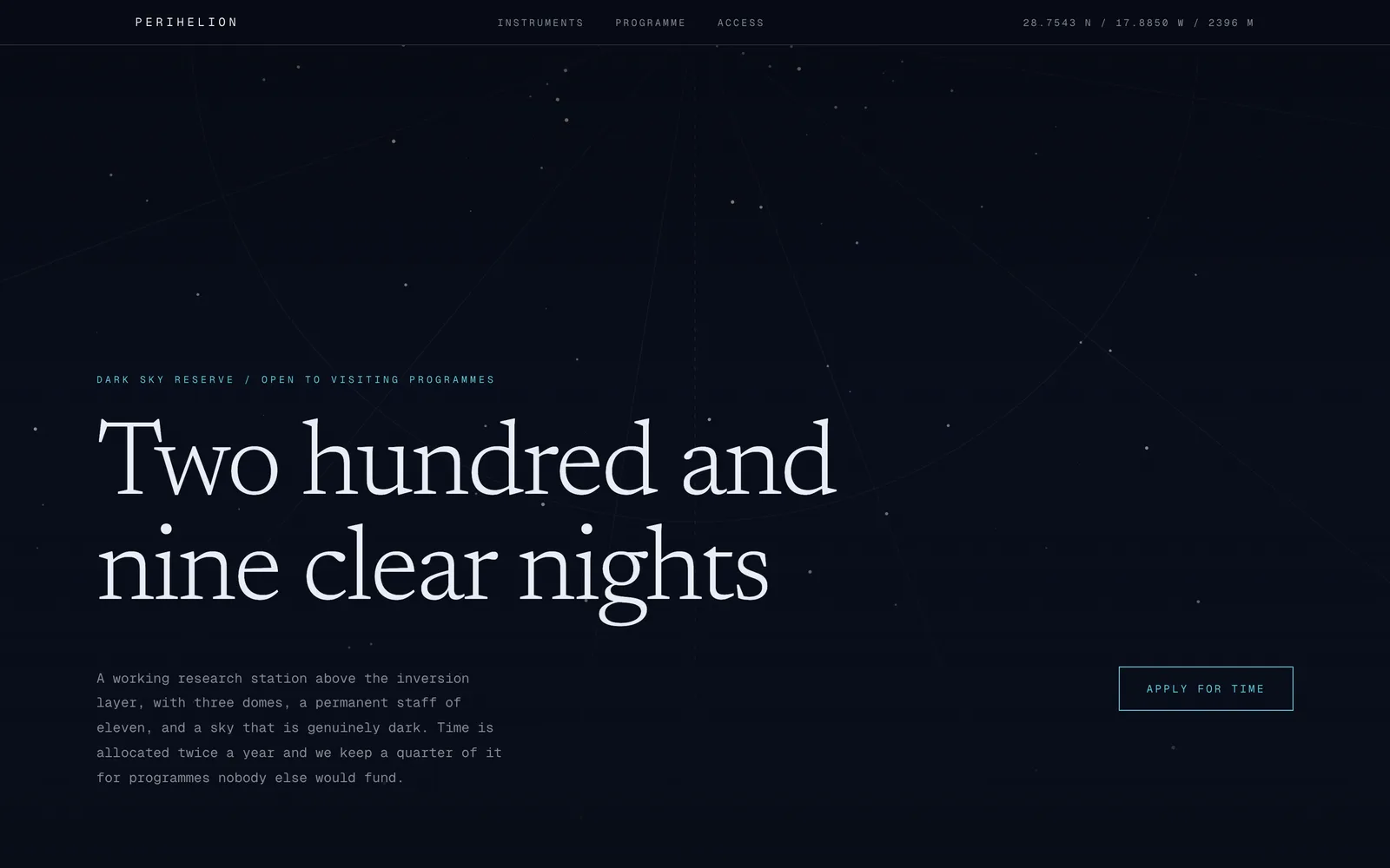 Perihelion, An observatory under a real rotating sky: optical serif, ephemeris tables, and no light pollution.
