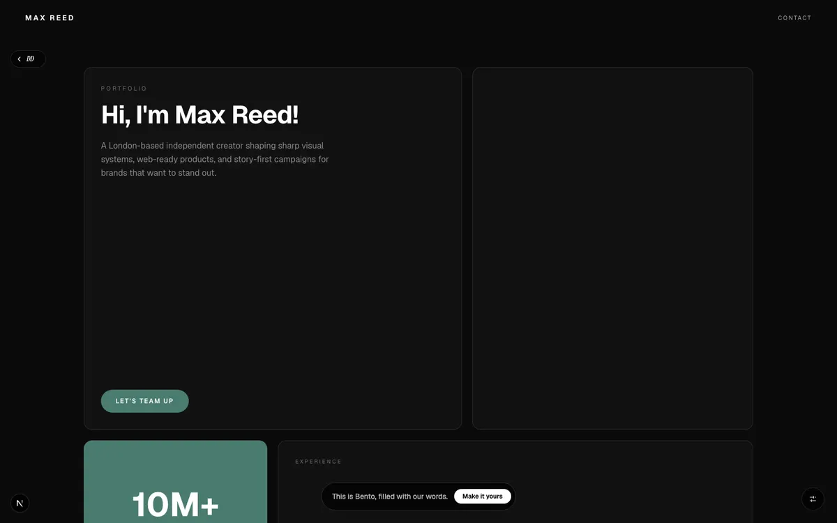 Bento, Dark, grid-based portfolio that lets your work history do the talking.
