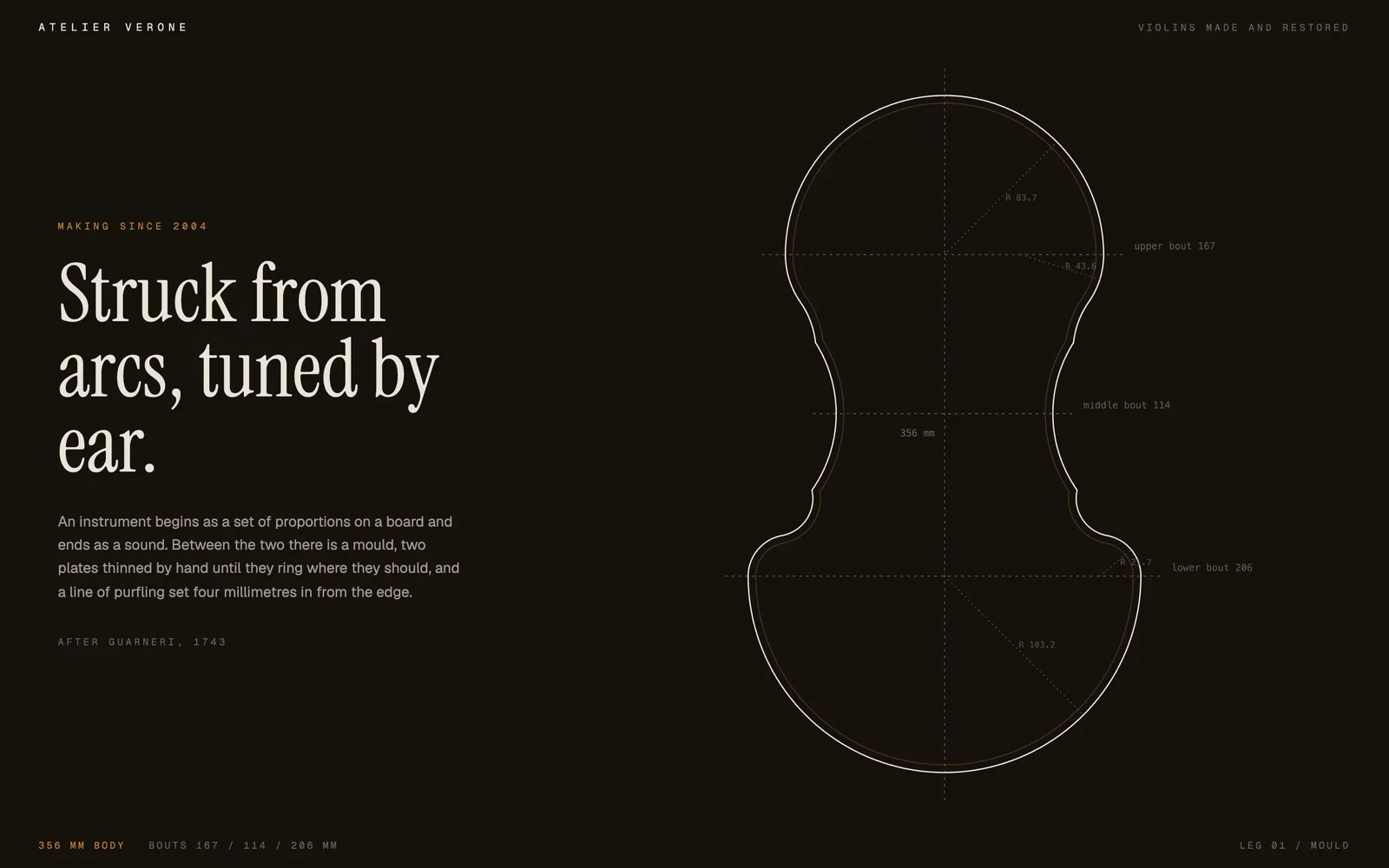 Purfling, A violin maker: the outline struck from arcs, the arching drawn, the plates tap-tuned.
