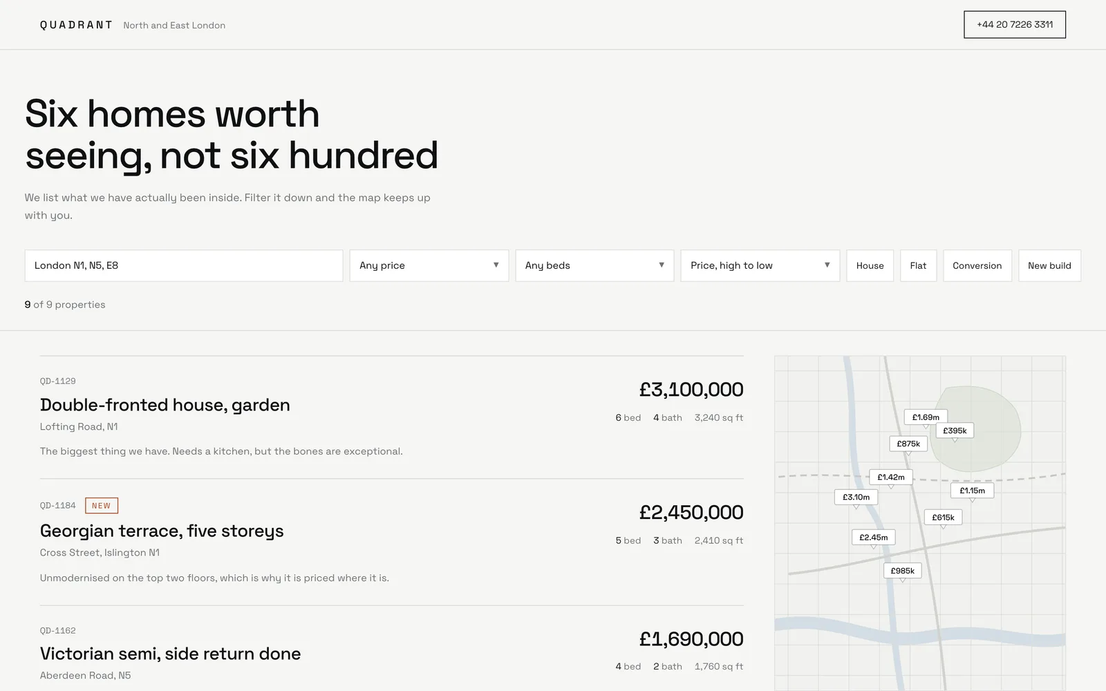 Quadrant, A working property portal: filters that filter, a drawn map, and results that answer in under a minute.