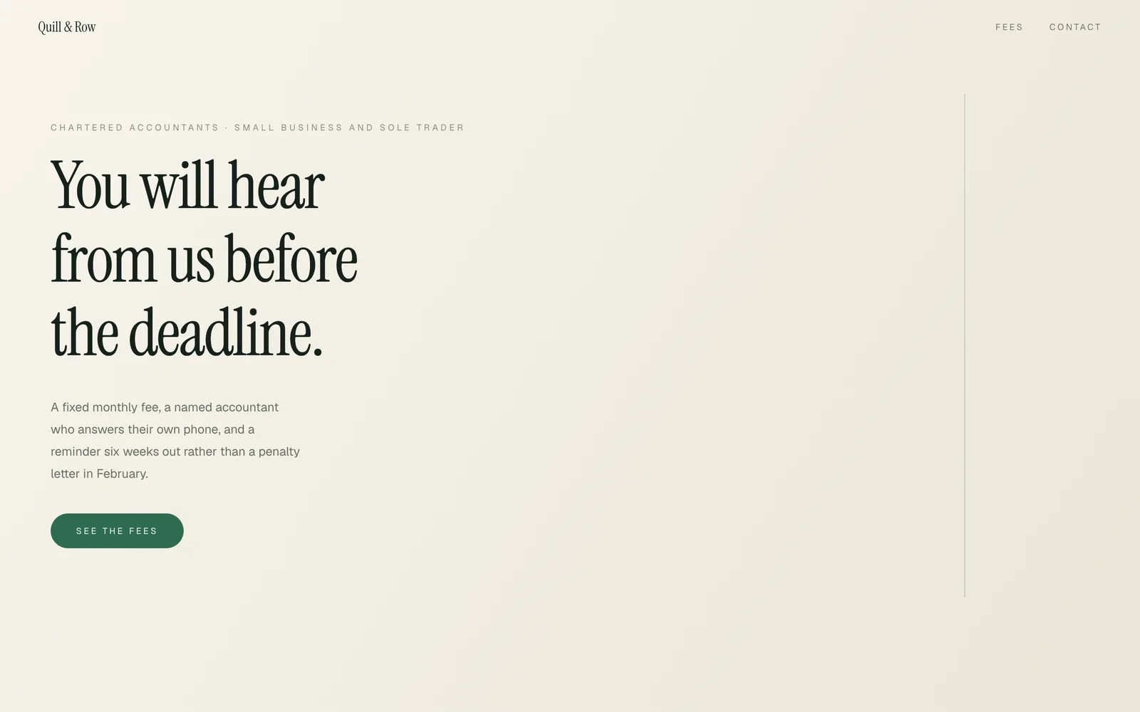 Quill, A small accountancy practice. Monthly fees printed rather than hidden, a deadline calendar, and a ledger that rules itself in as you scroll.