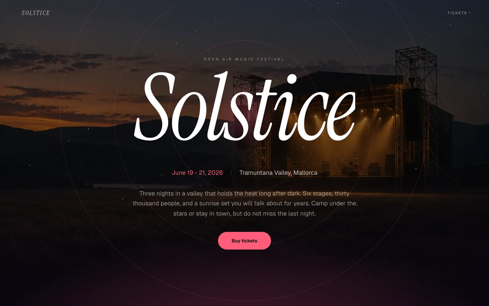 Solstice, Three nights of music under the longest days of the year. Warm, wide open, unforgettable.
