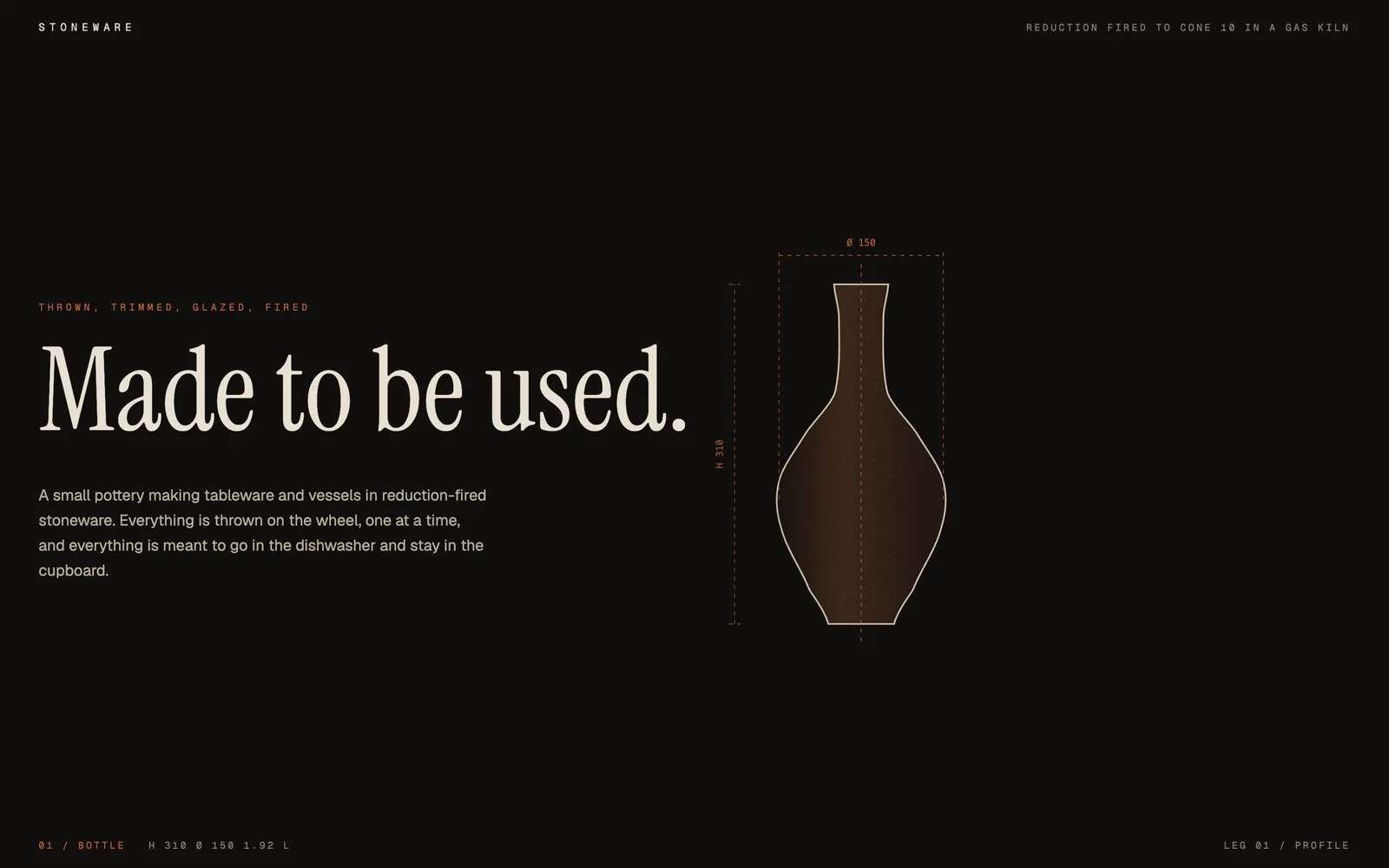 Stoneware, A working pottery. Every piece is drawn from its own dimensions, not photographed.