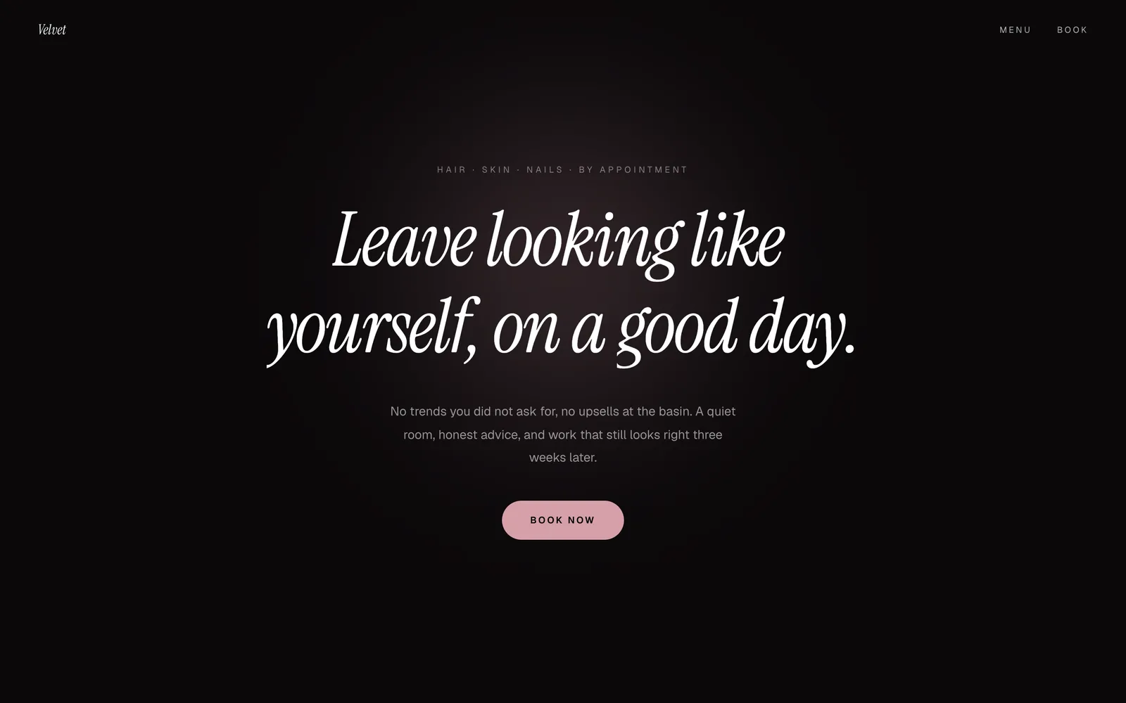 Velvet, A salon set as a service menu: rituals, prices, stylists, and one booking button.