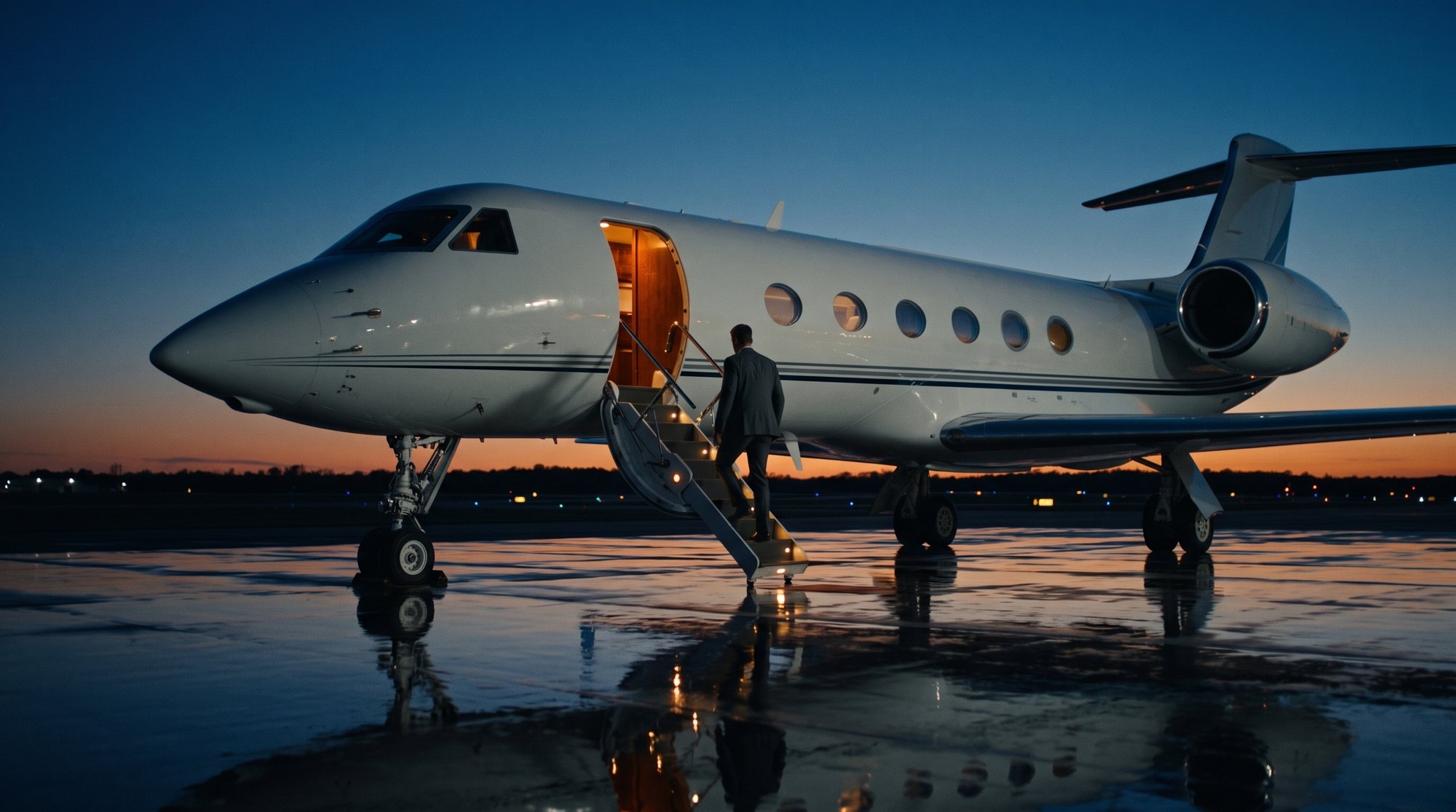 A private jet on an apron at last light, airstairs down