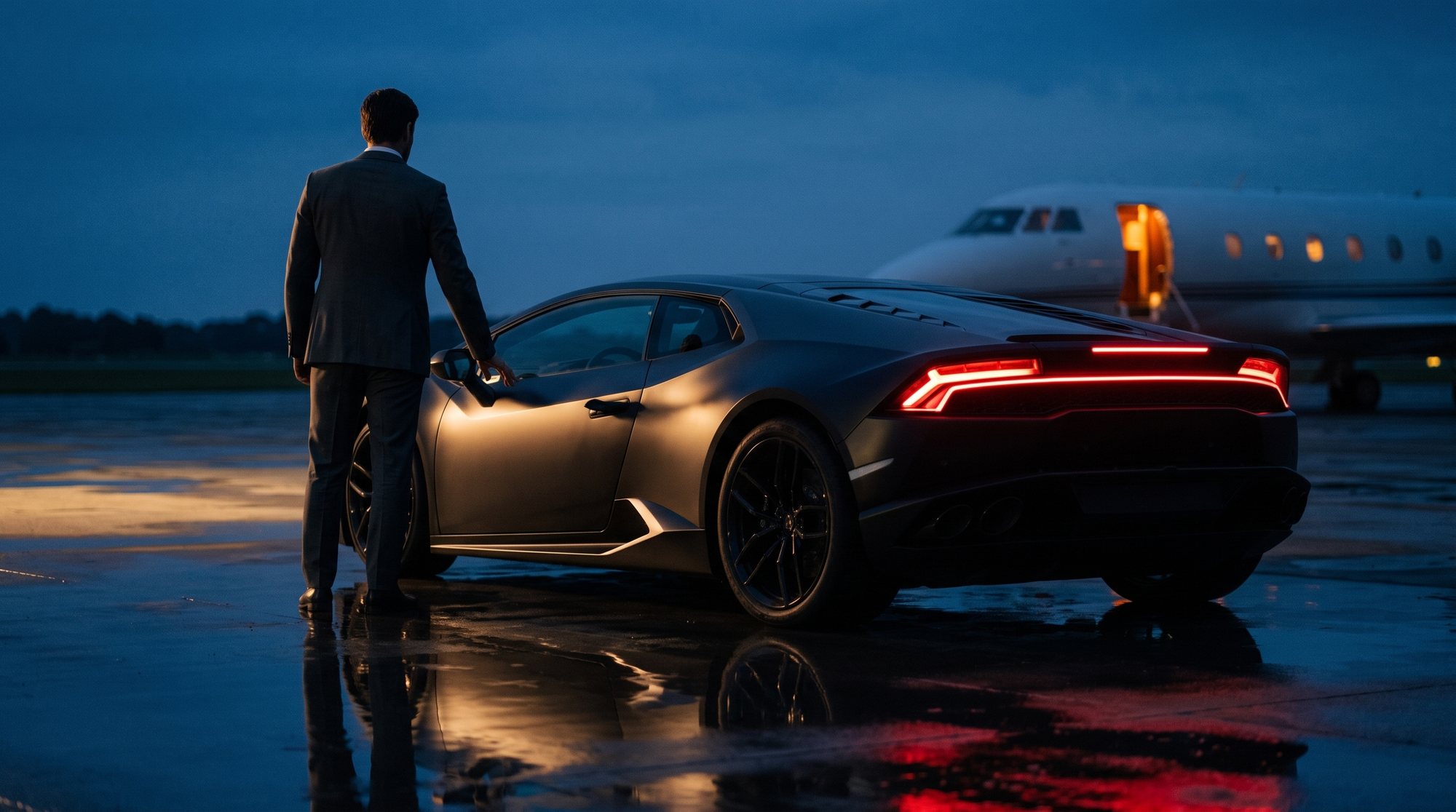 A dark hypercar on wet tarmac, a jet behind it