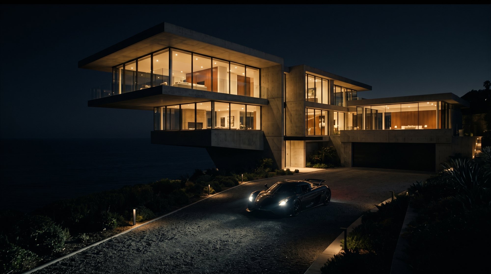 A modern cliffside house at night, lit from within