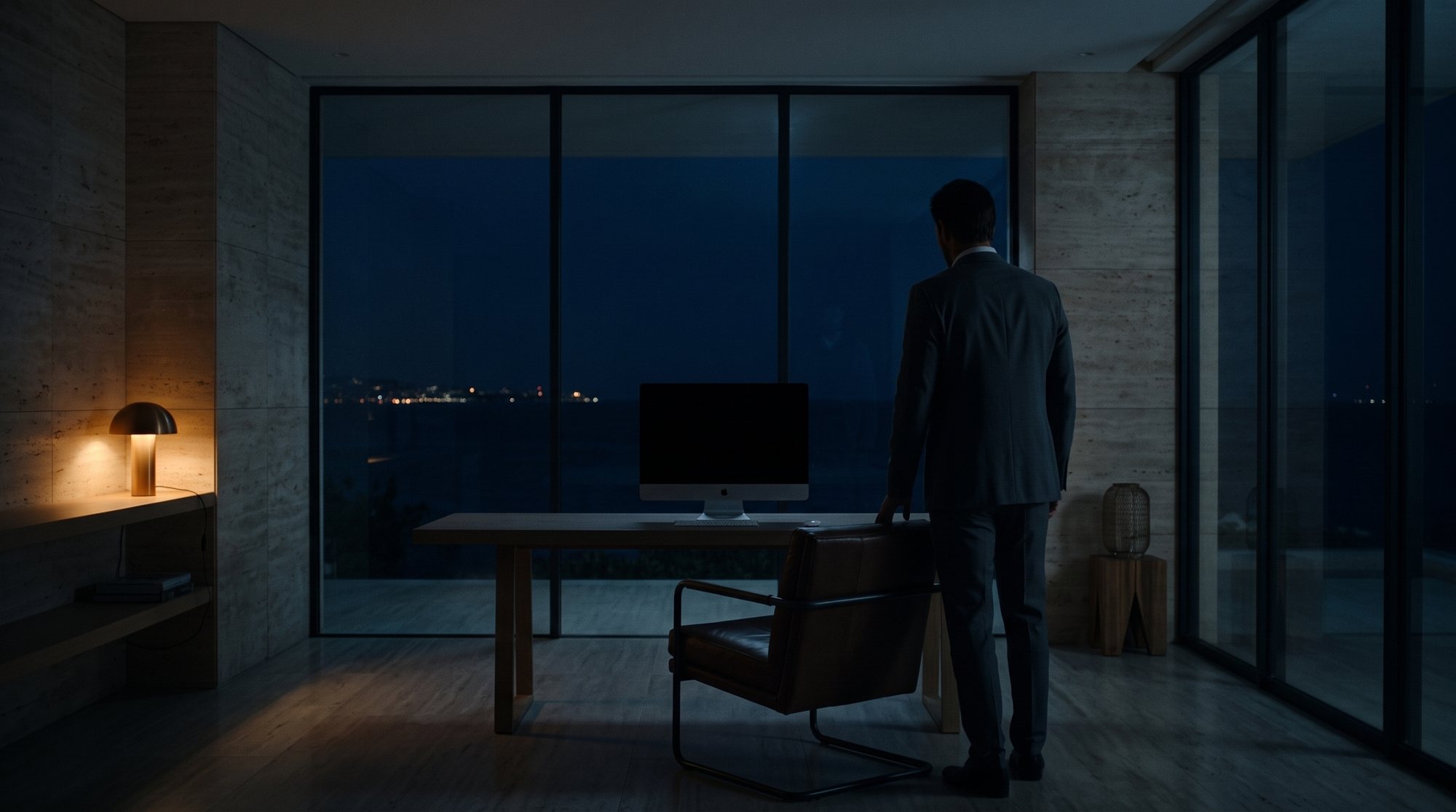 A dark study at night, a desk against a wall of glass